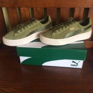 puma suede platform satin sneaker in olive puma suede platform satin sneaker in olive